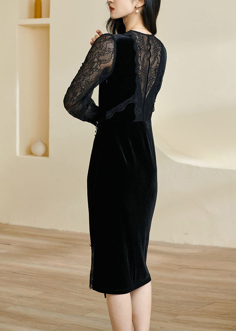 Slim Fit Black V Neck Lace Patchwork Maxi Dress Fall