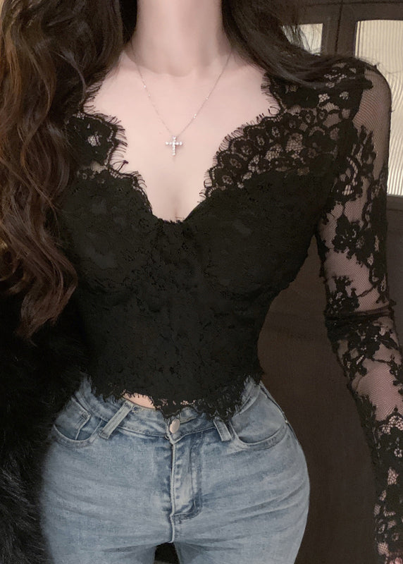 Slim Fit Black V Neck Lace Top Spring