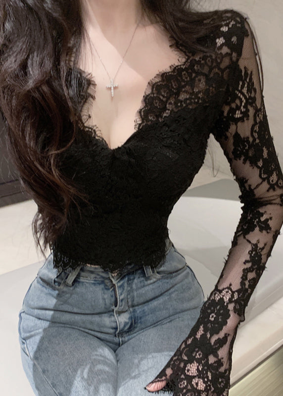 Slim Fit Black V Neck Lace Top Spring