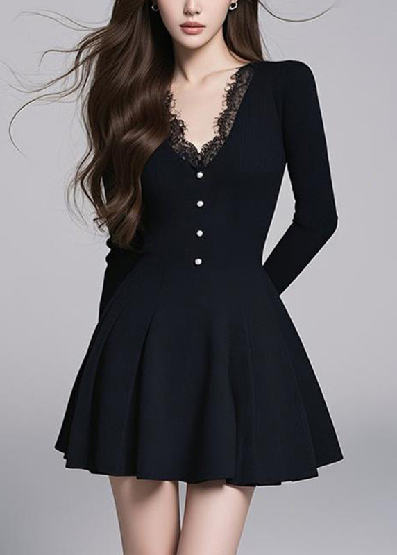 Slim Fit Black V Neck Mid Dress Long Sleeve