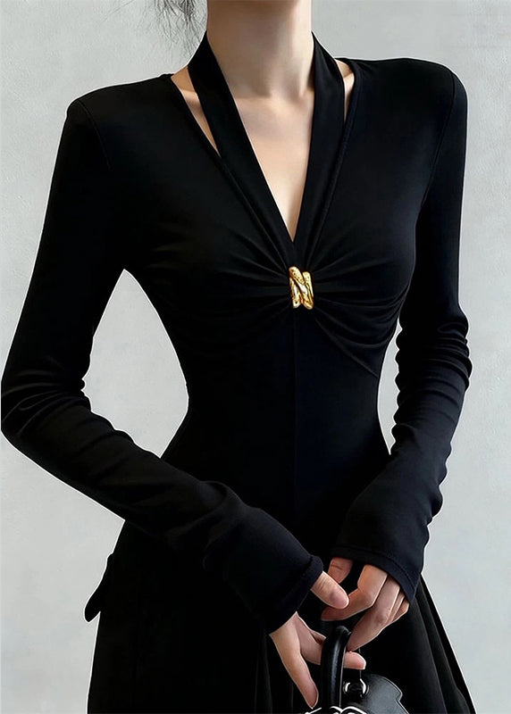 Slim Fit Black V Neck Patchwork Cotton T Shirt Tops Fall