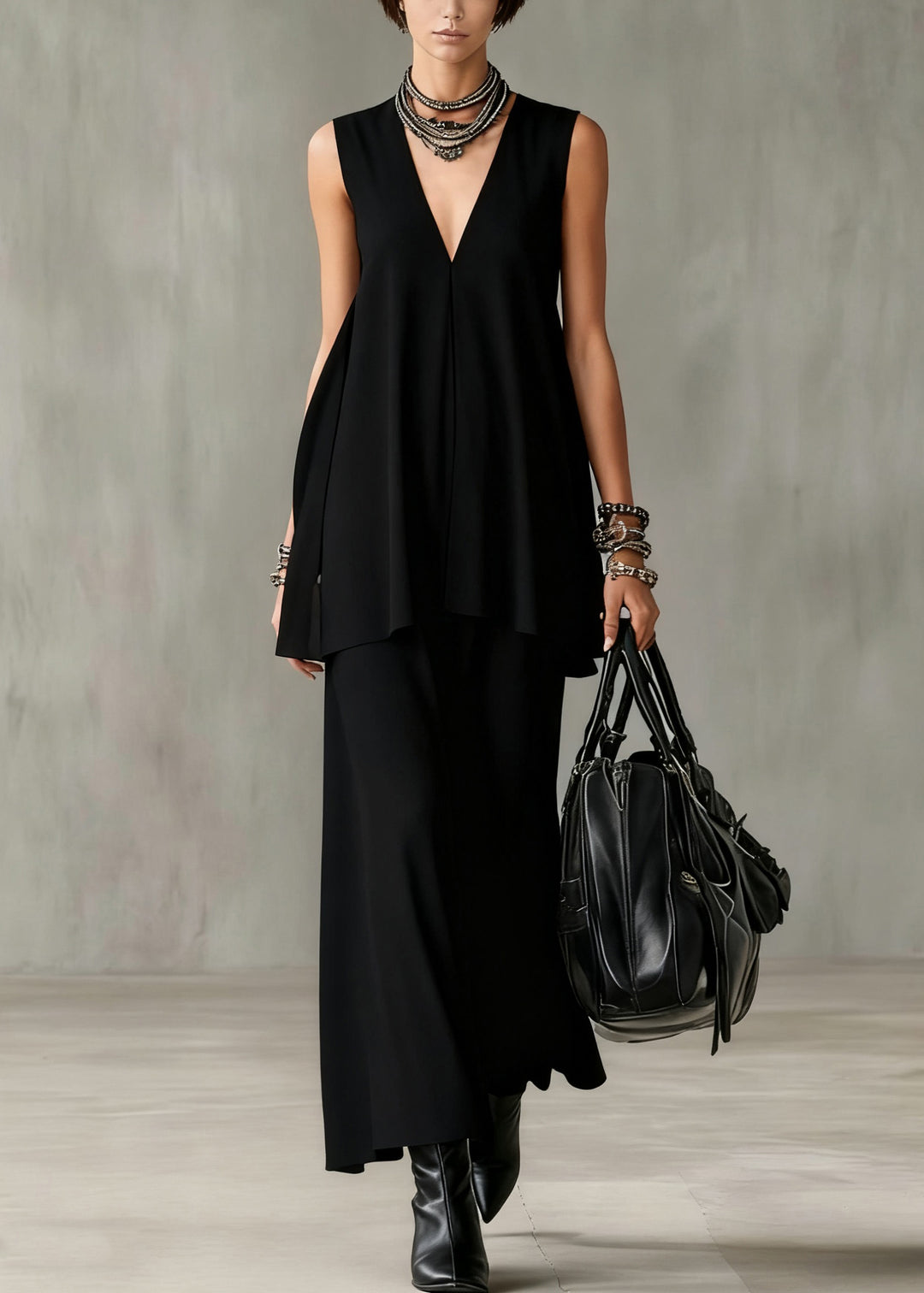 Slim Fit Black V Neck Solid Tops And Skirts Cotton Two Pieces Set Sleeveless