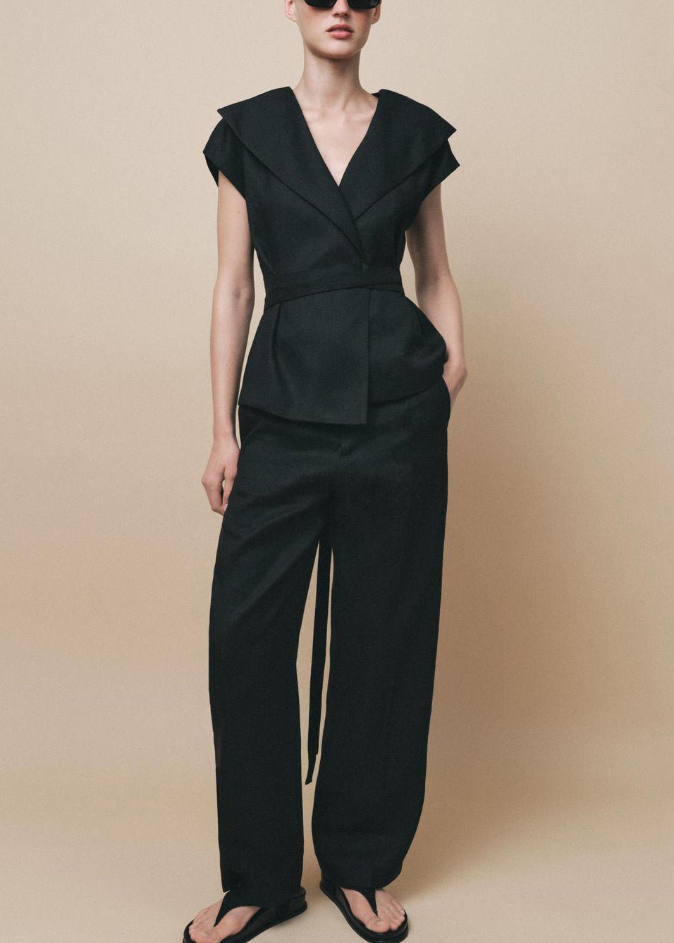 Slim Fit Black V Neck Tie Waist Cotton Two Pieces Set Summer