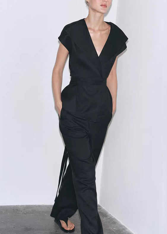 Slim Fit Black V Neck Tie Waist Cotton Two Pieces Set Summer