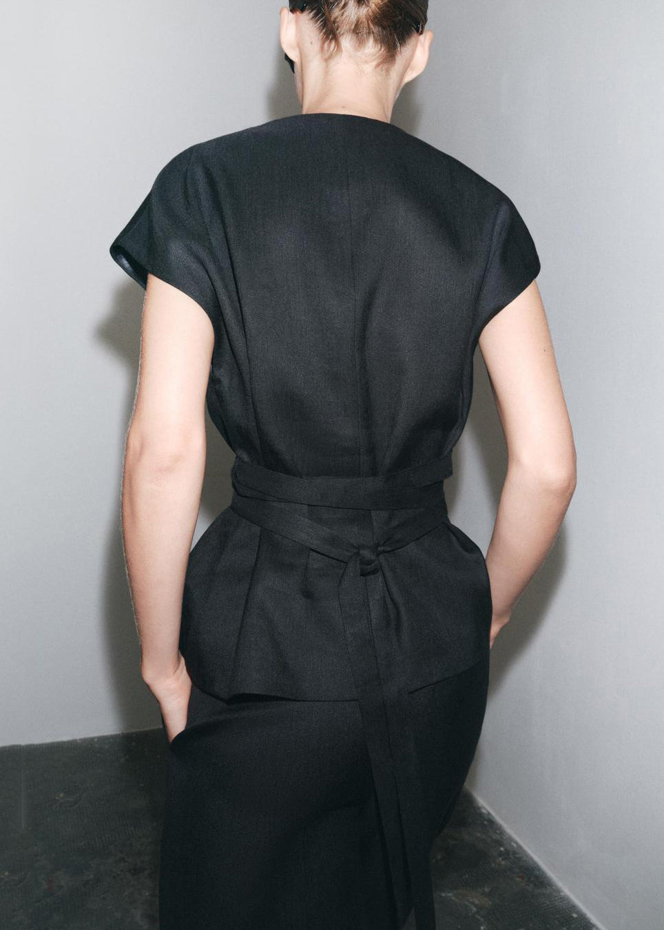 Slim Fit Black V Neck Tie Waist Cotton Two Pieces Set Summer