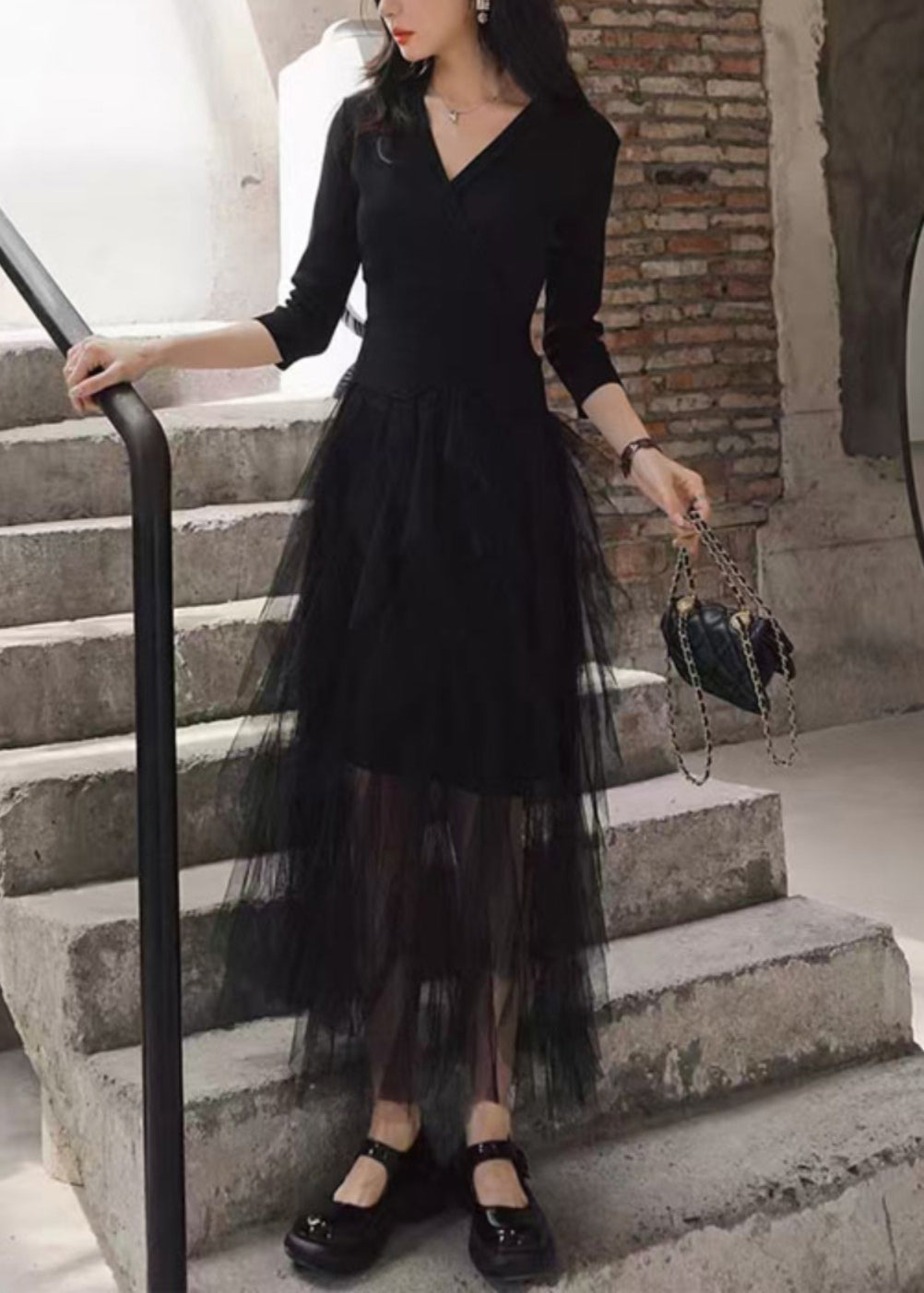 Slim Fit Black V Neck Tulle Patchwork Long Dresses Bracelet Sleeve