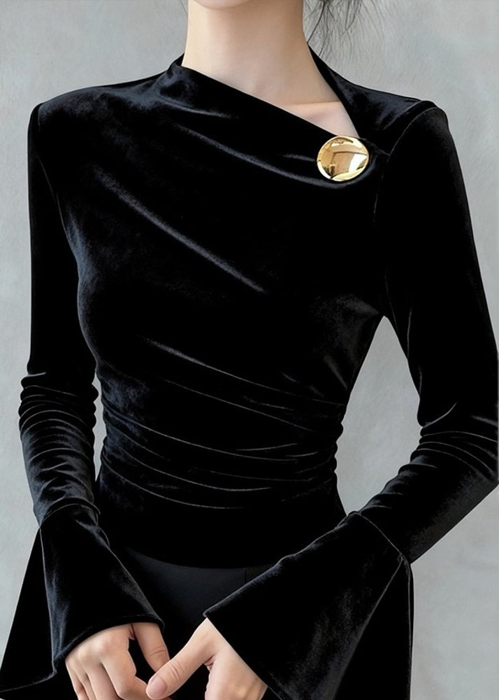 Slim Fit Black Wrinkled Original Design Silk Velour T Shirt Flare Sleeve