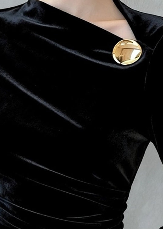 Slim Fit Black Wrinkled Original Design Silk Velour T Shirt Flare Sleeve