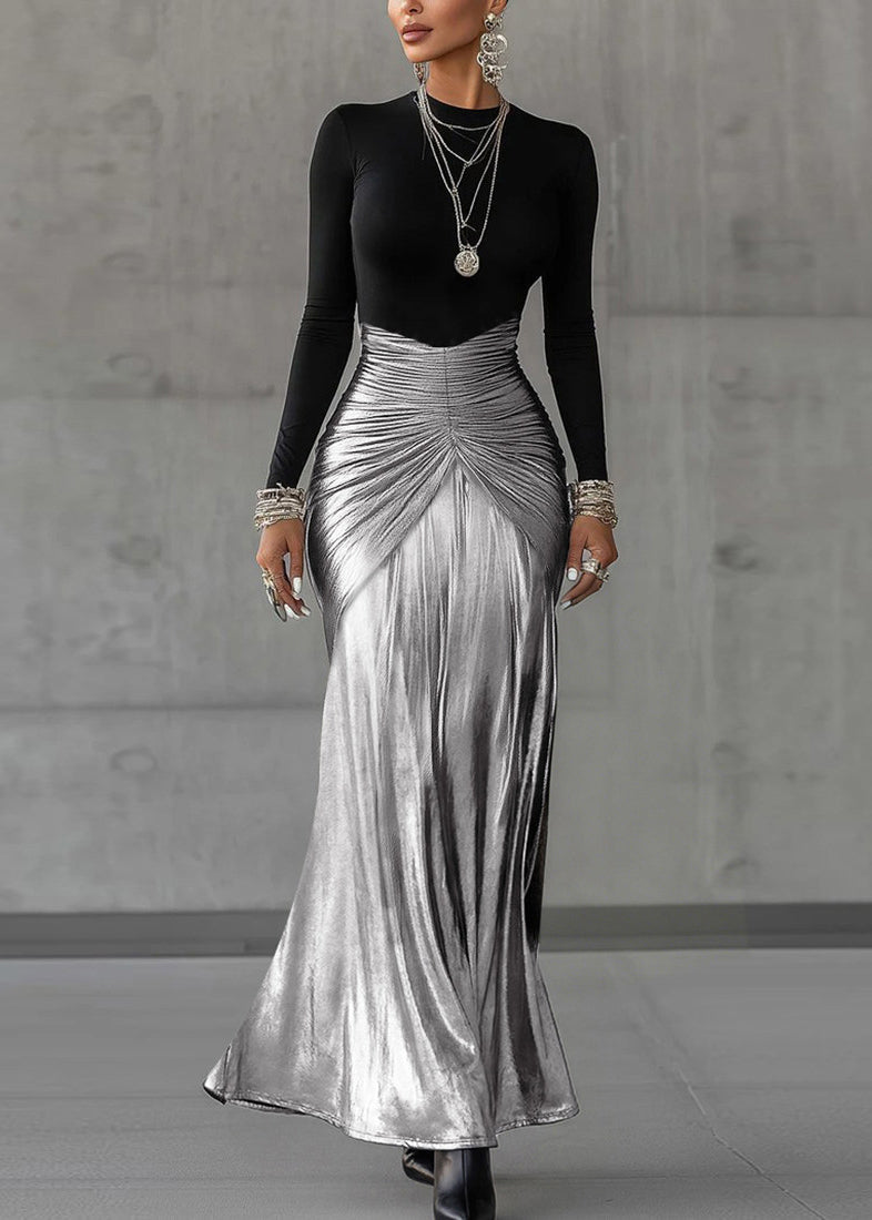 Slim Fit Black Wrinkled Patchwork Long Dresses Spring