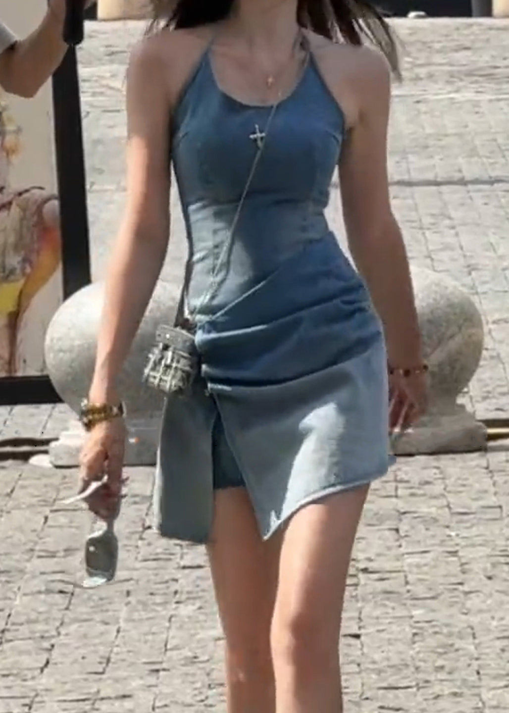 Slim Fit Blue Backless Wrinkled Denim Mini Dresses Sleeveless