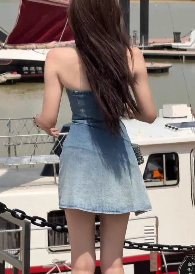 Slim Fit Blue Backless Wrinkled Denim Mini Dresses Sleeveless