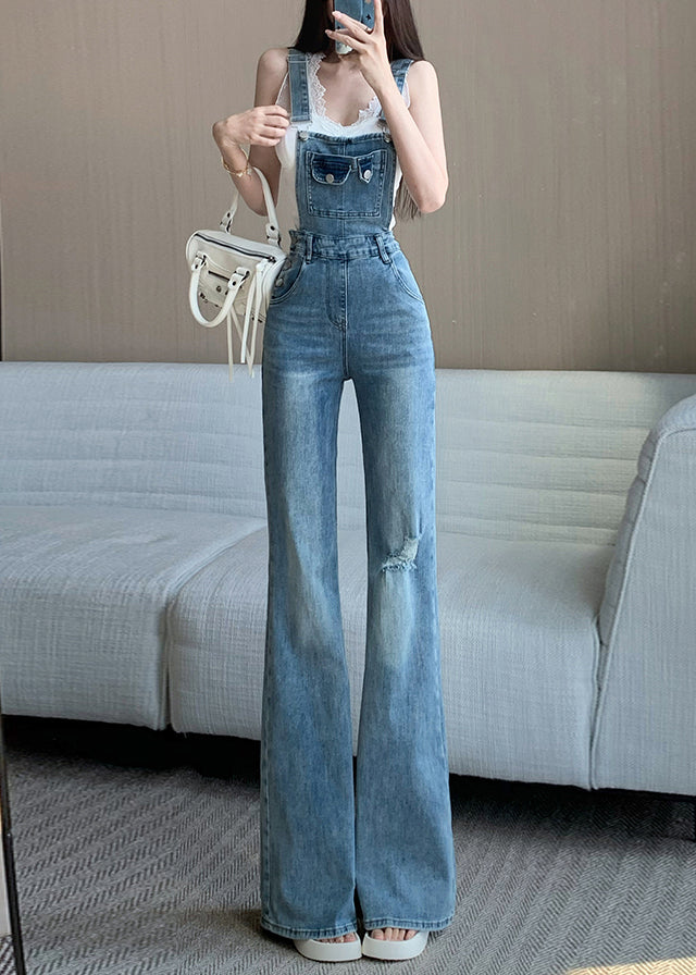 Slim Fit Blue Hole High Waist Denim Jumpsuit Sleeveless