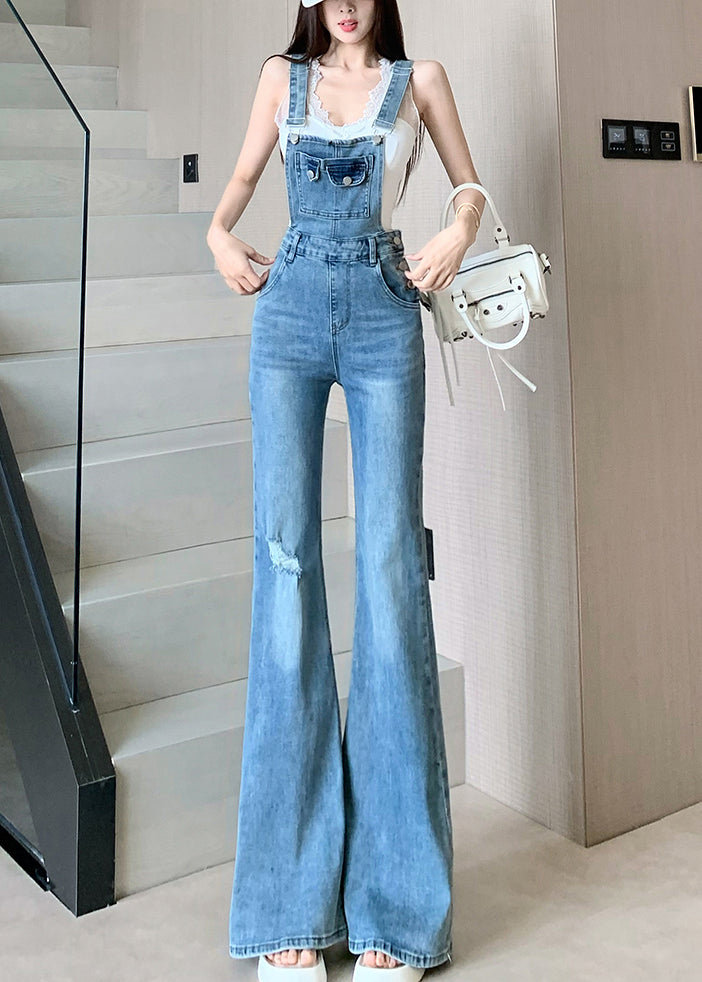 Slim Fit Blue Hole High Waist Denim Jumpsuit Sleeveless