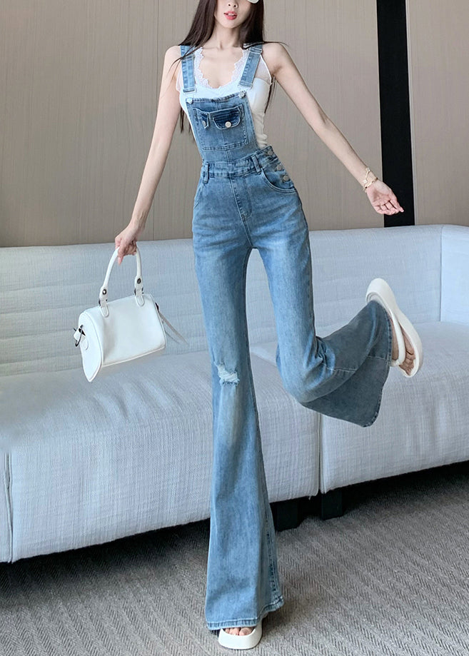 Slim Fit Blue Hole High Waist Denim Jumpsuit Sleeveless