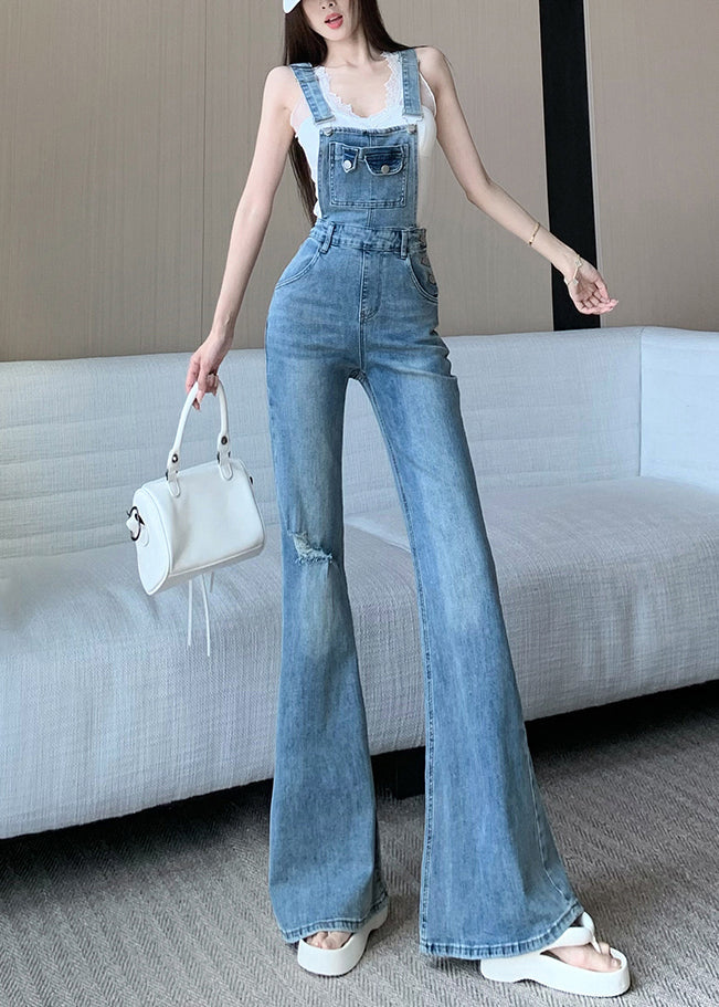 Slim Fit Blue Hole High Waist Denim Jumpsuit Sleeveless