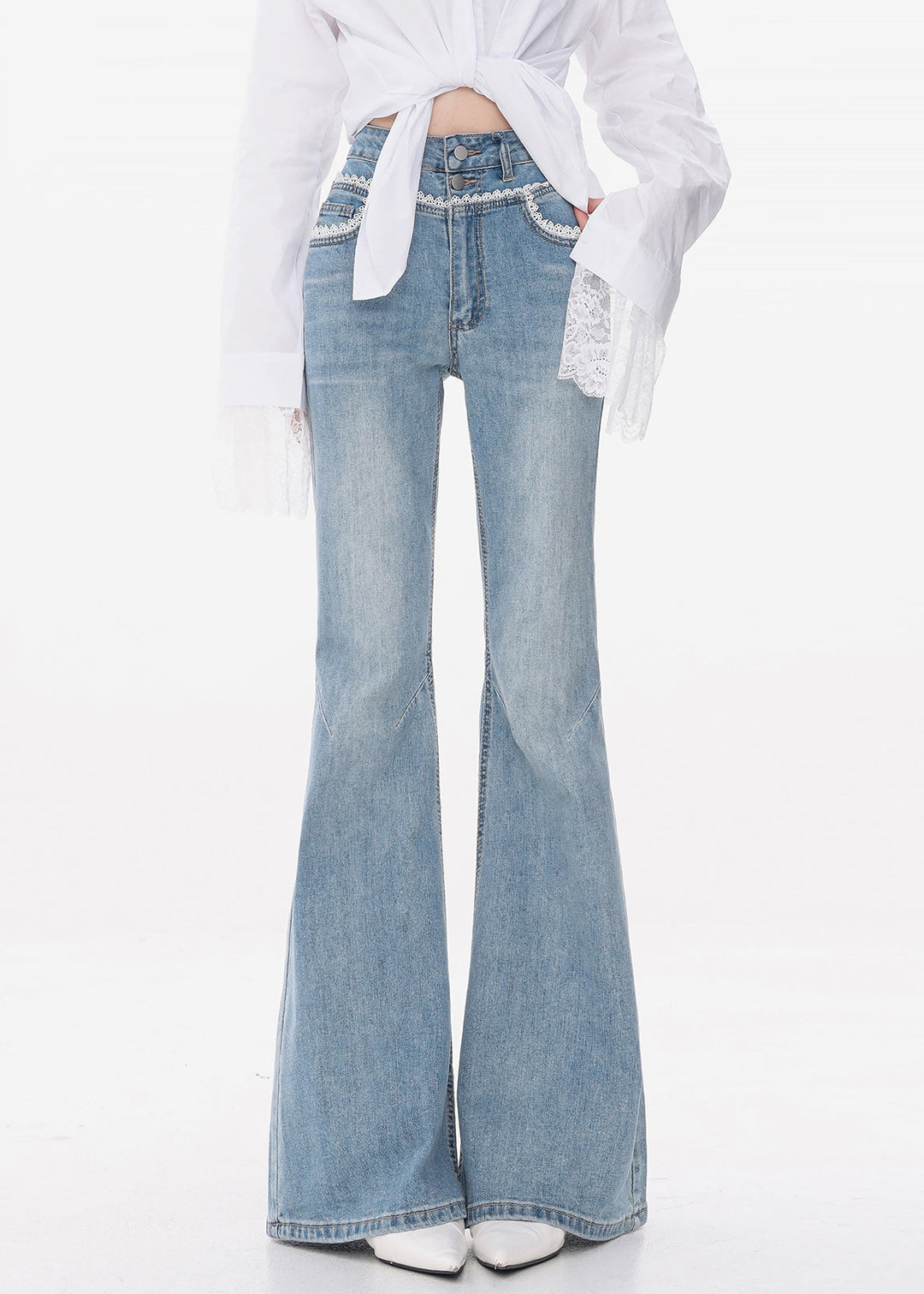 Slim Fit Blue Lace High Waist Denim Flared Trousers Fall