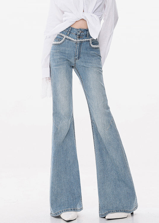 Slim Fit Blue Lace High Waist Denim Flared Trousers Fall