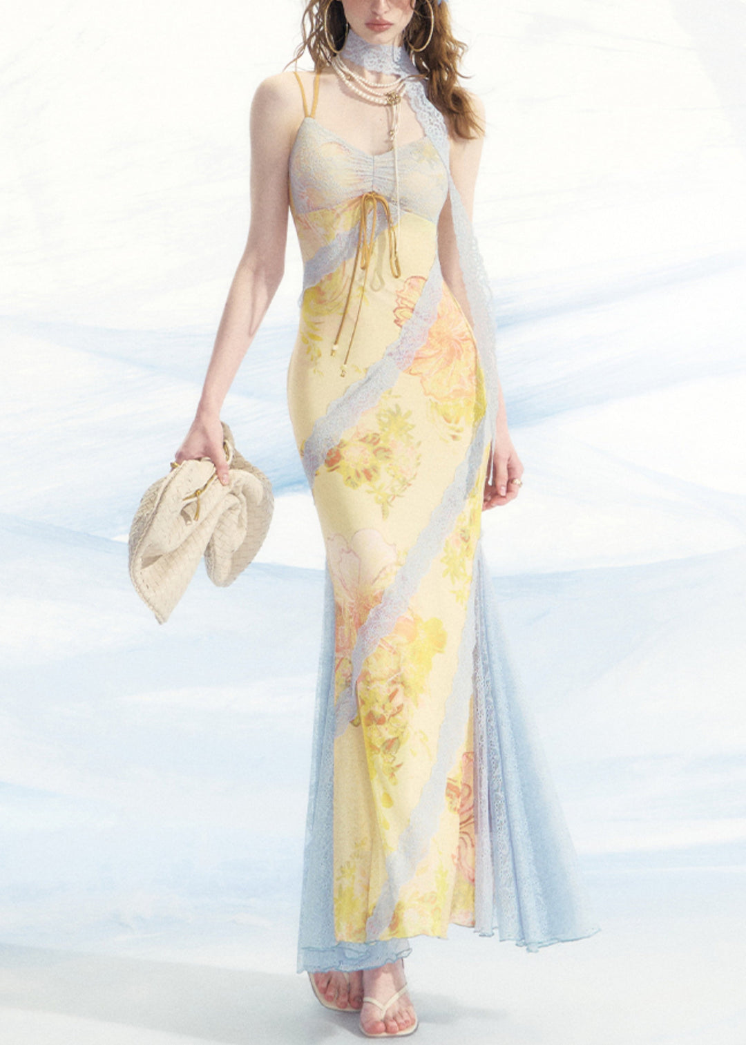 Slim Fit Blue Lace Patchwork Spaghetti Strap Dress Sleeveless