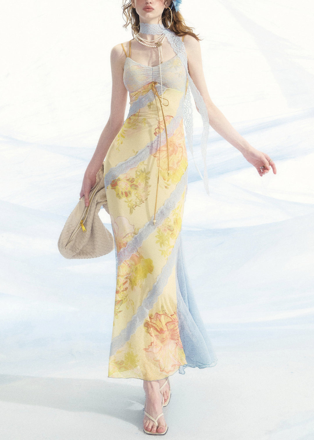 Slim Fit Blue Lace Patchwork Spaghetti Strap Dress Sleeveless