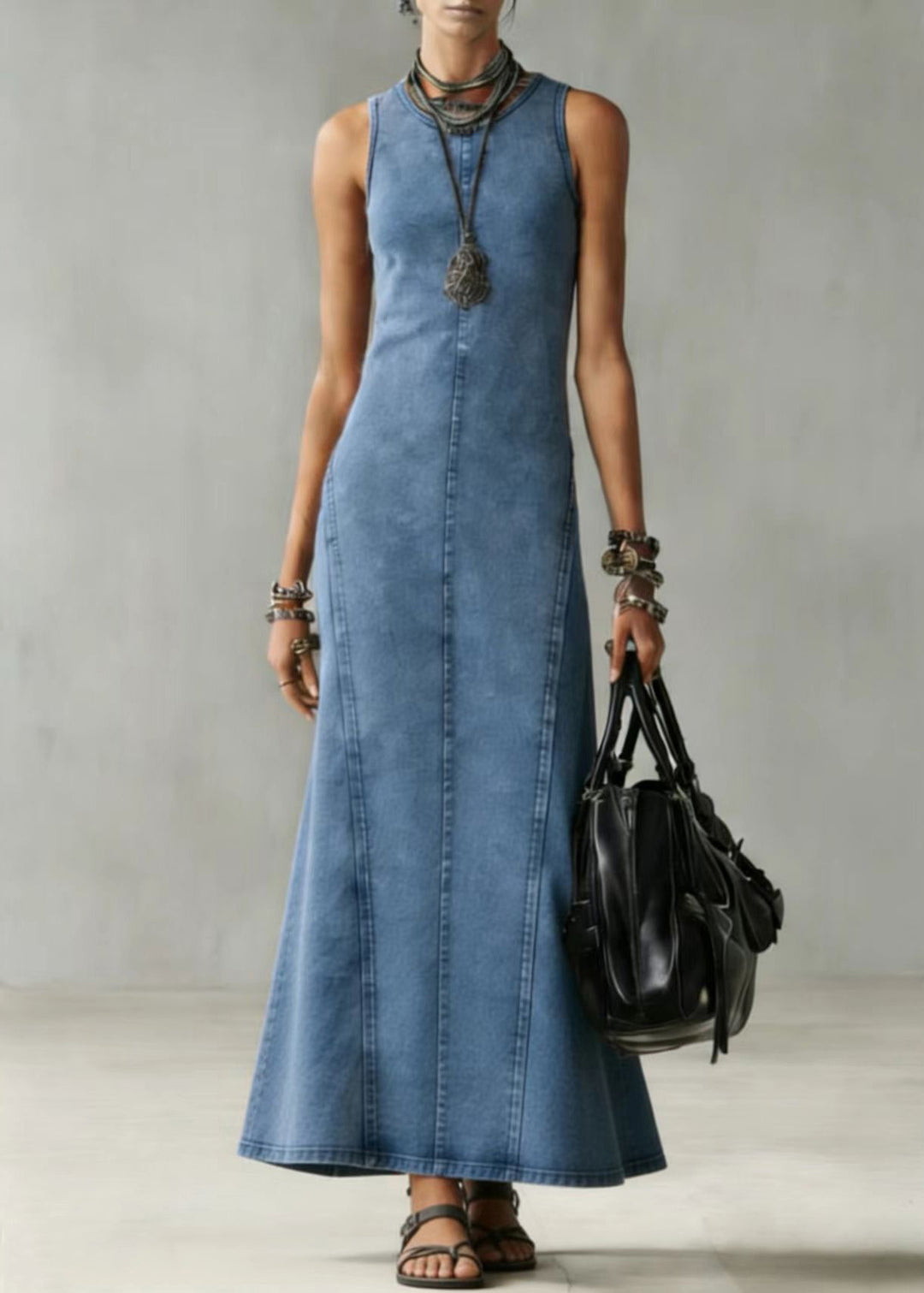 Slim Fit Blue O Neck Denim Long Dress Sleeveless
