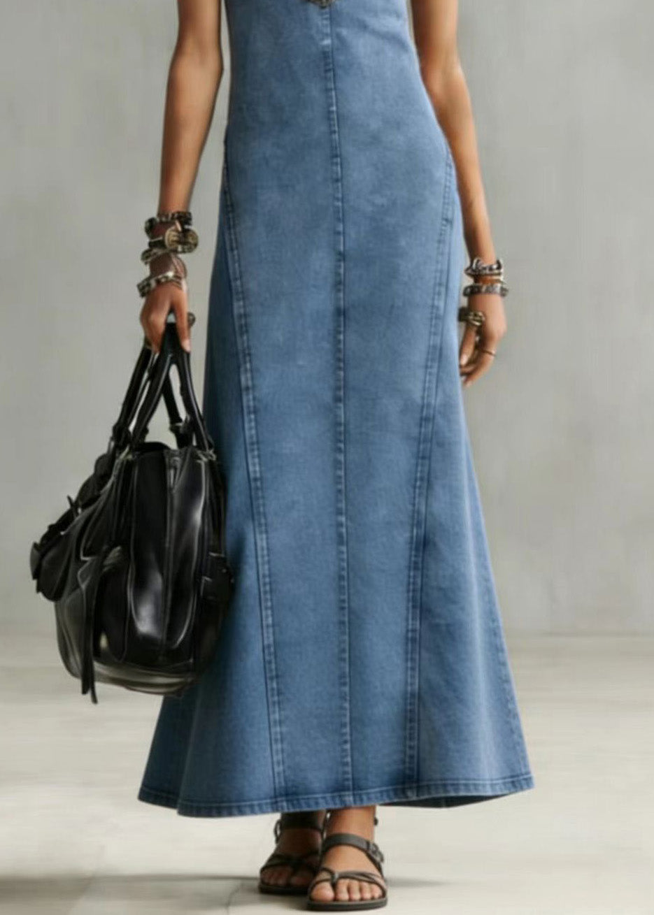 Slim Fit Blue O Neck Denim Long Dress Sleeveless