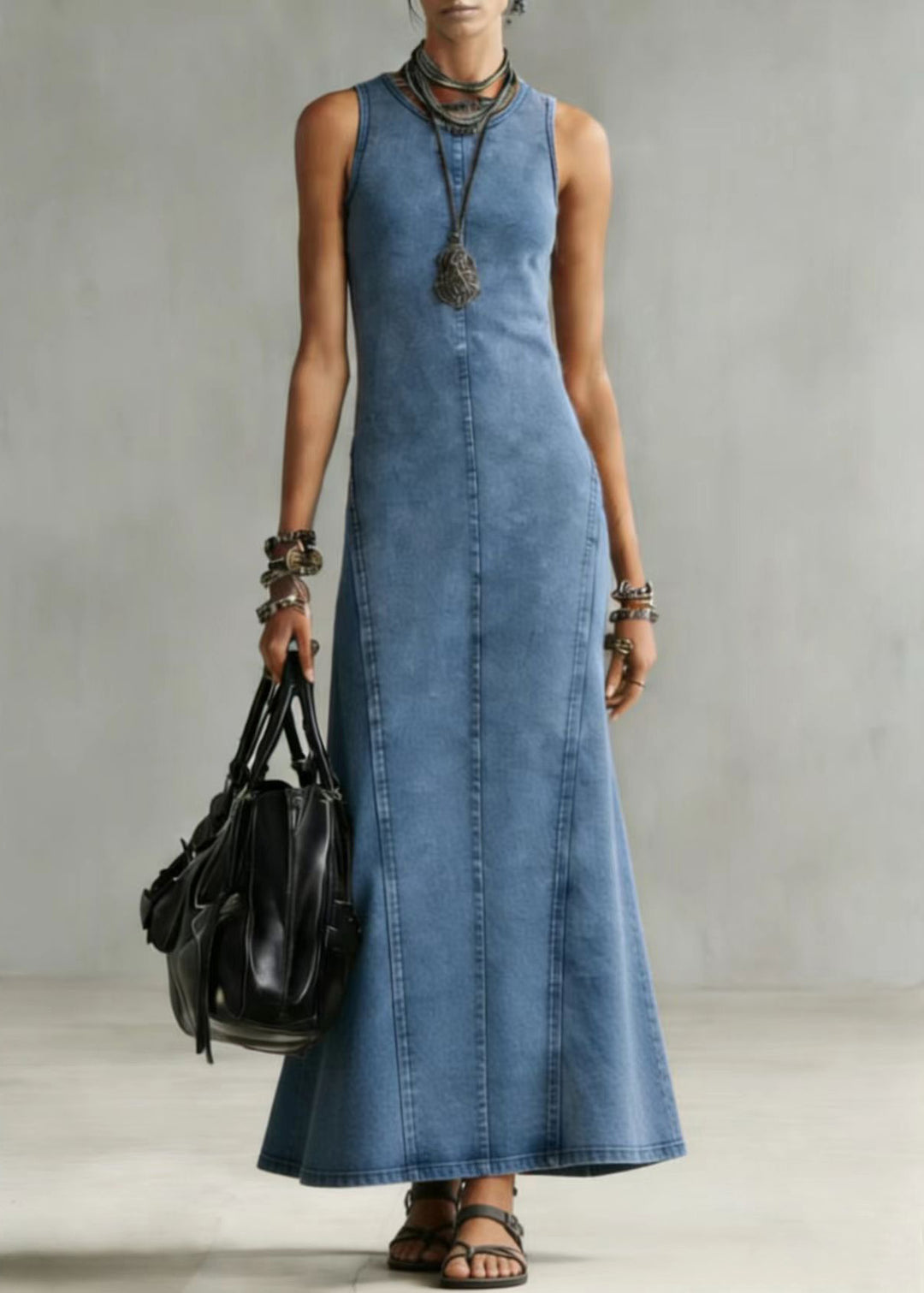 Slim Fit Blue O Neck Denim Long Dress Sleeveless