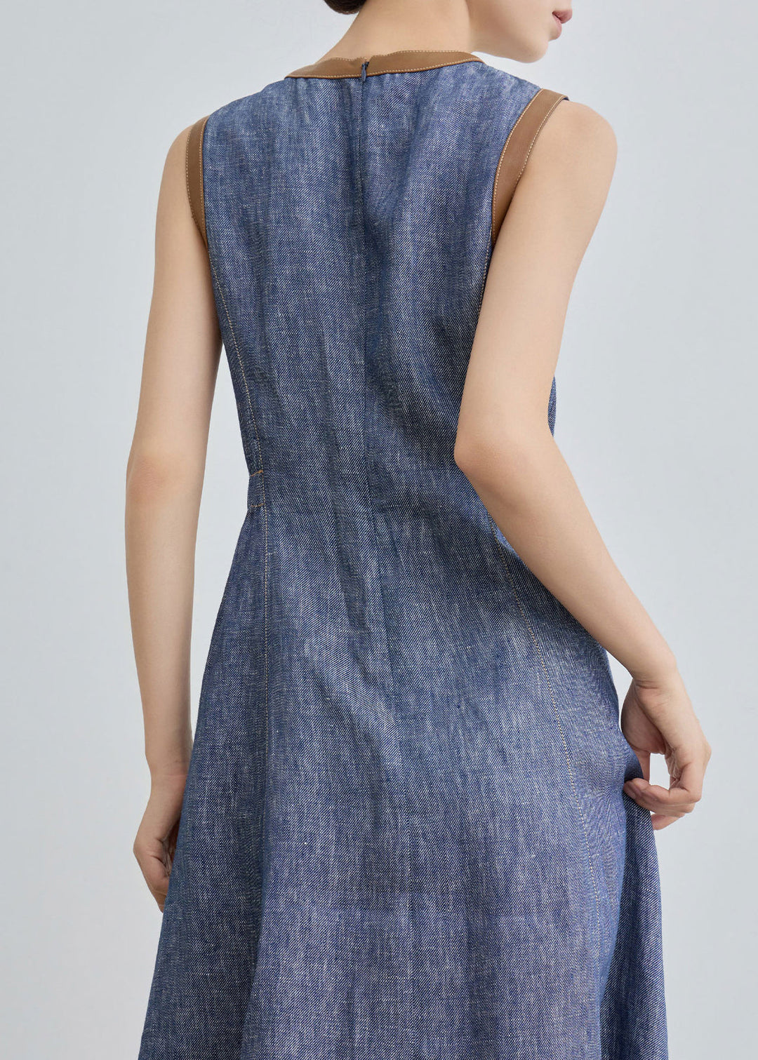 Slim Fit Blue O Neck Pockets Patchwork Denim Long Dress Sleeveless