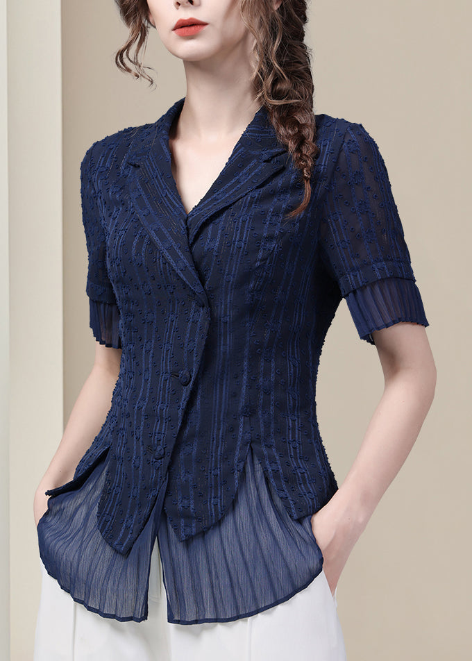 Slim Fit Blue Peter Pan Collar Button Chiffon Shirt Summer