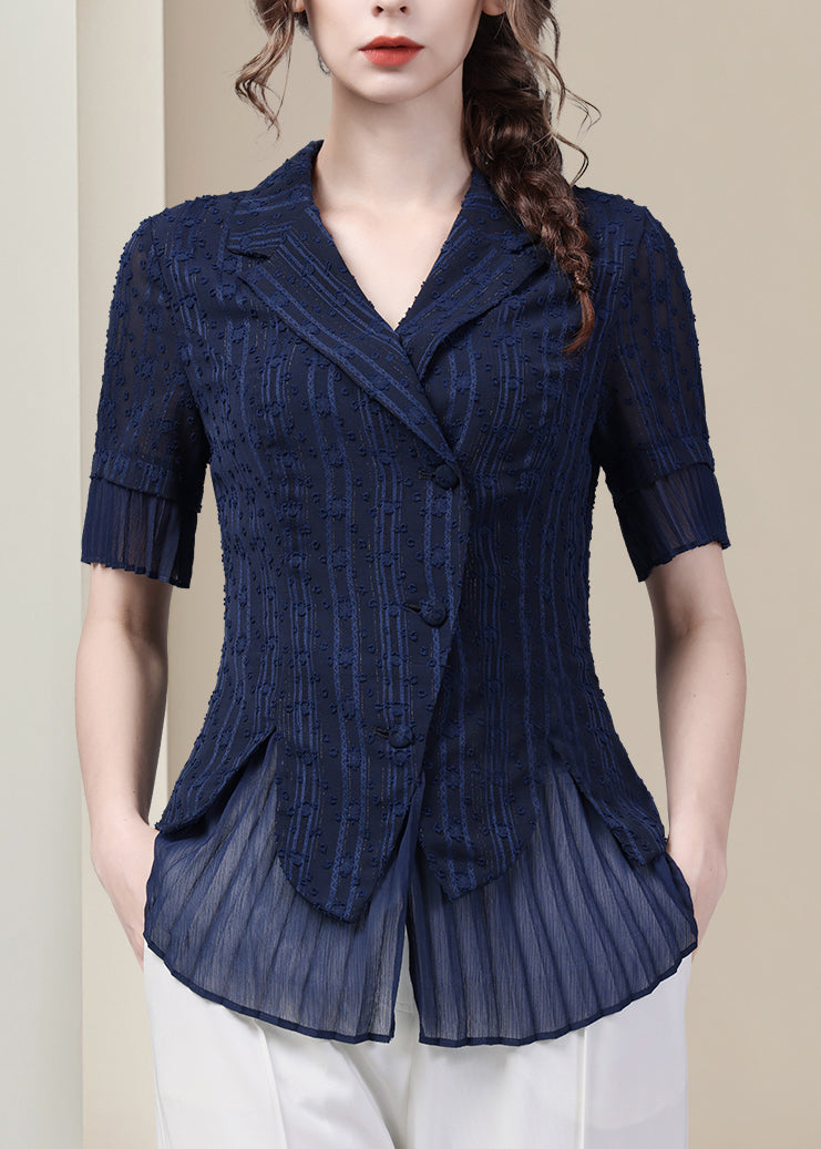 Slim Fit Blue Peter Pan Collar Button Chiffon Shirt Summer