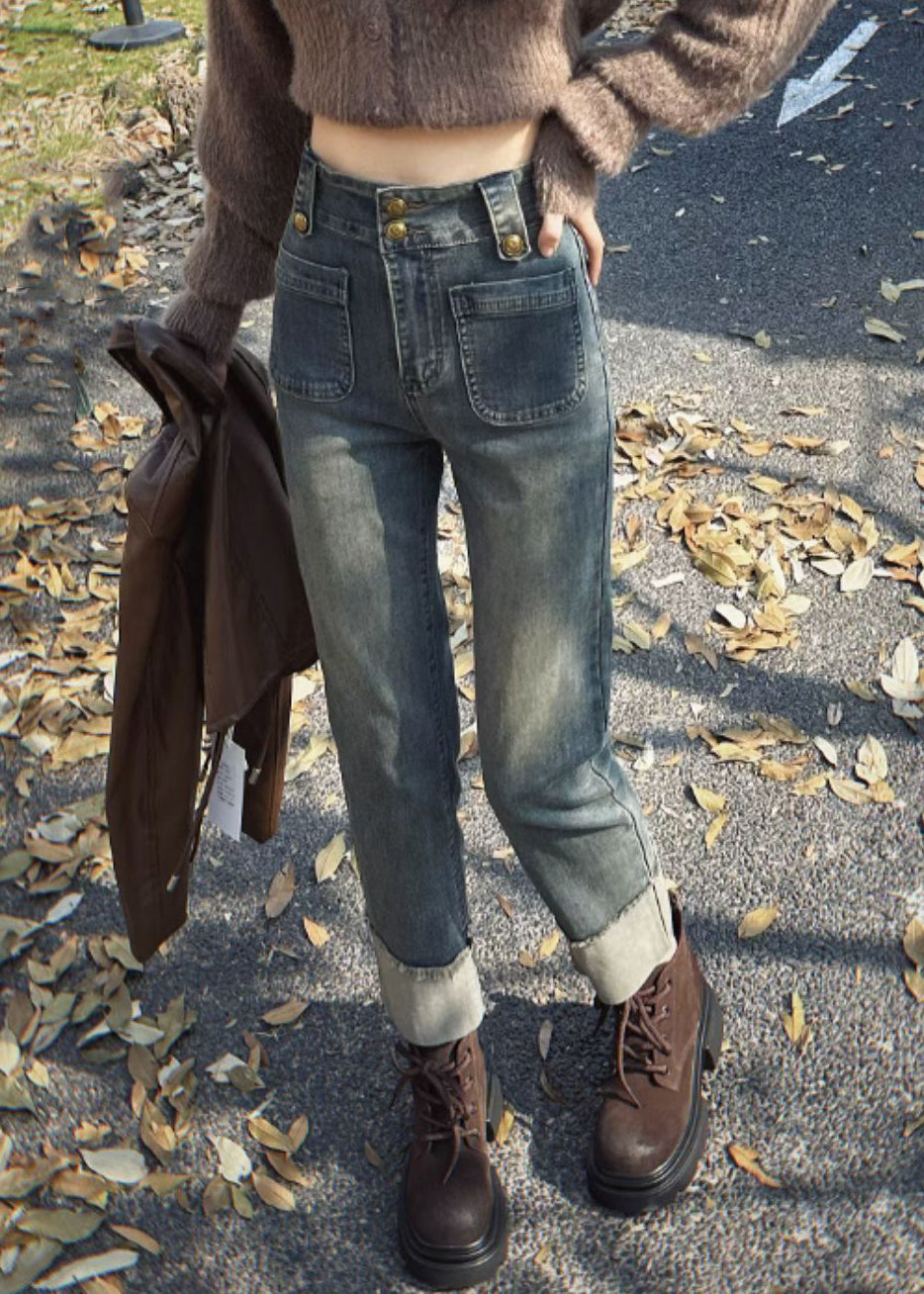 Slim Fit Blue Pockets High Waist Denim Crop Pants Spring