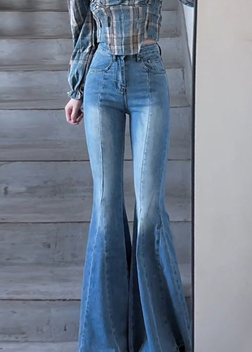 Slim Fit Blue Pockets High Waist Denim Flared Trousers Spring