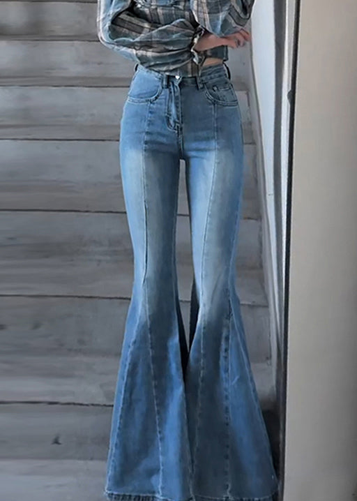 Slim Fit Blue Pockets High Waist Denim Flared Trousers Spring