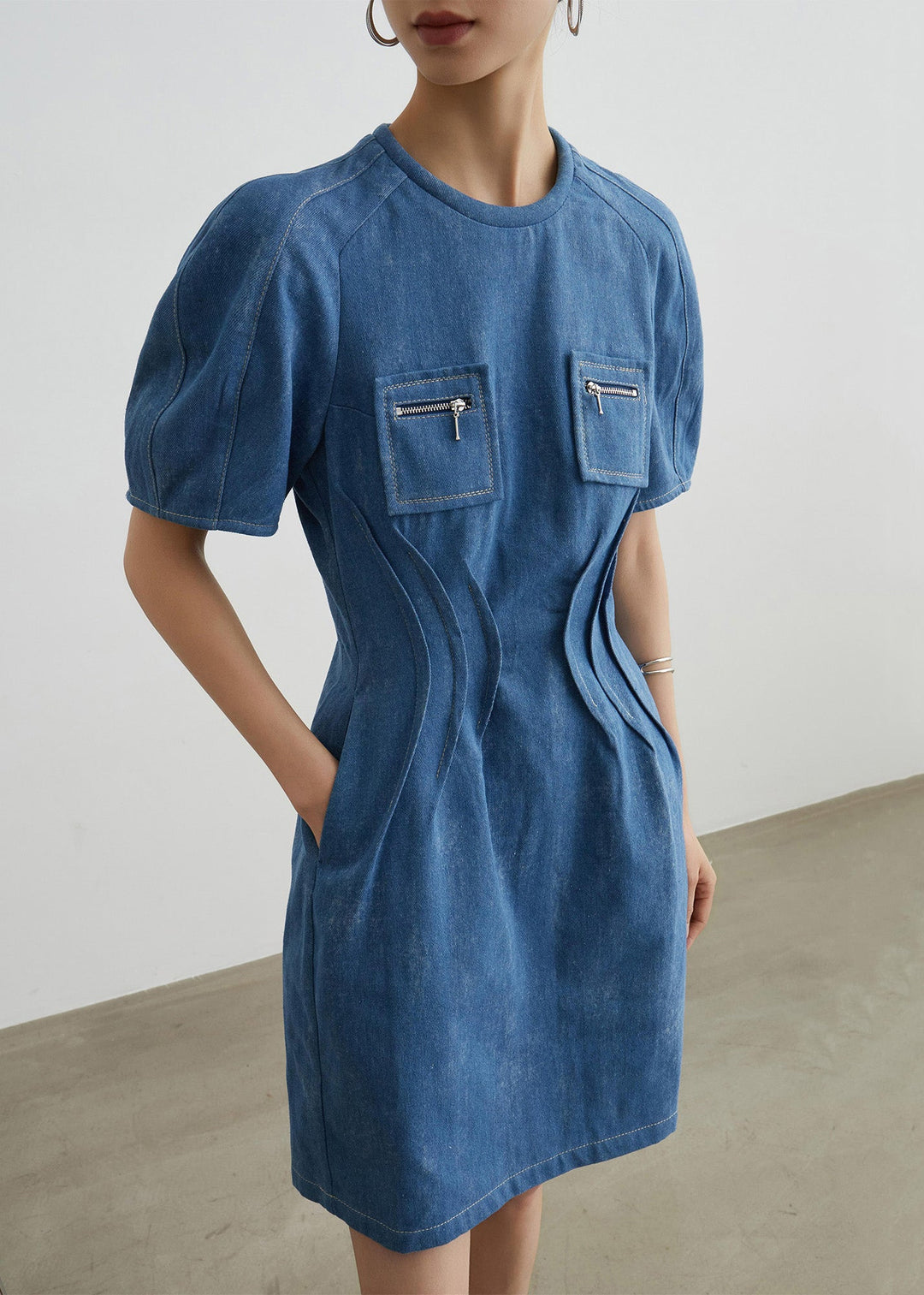 Slim Fit Blue Pockets High Waist Denim Mid Dress Summer