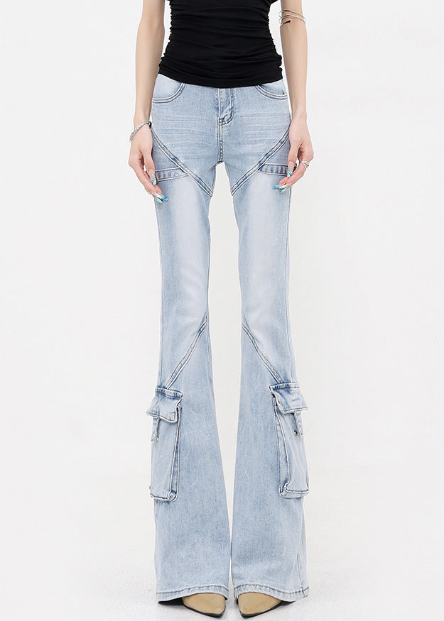 Slim Fit Blue Pockets Patchwork Denim Flared Trousers Fall