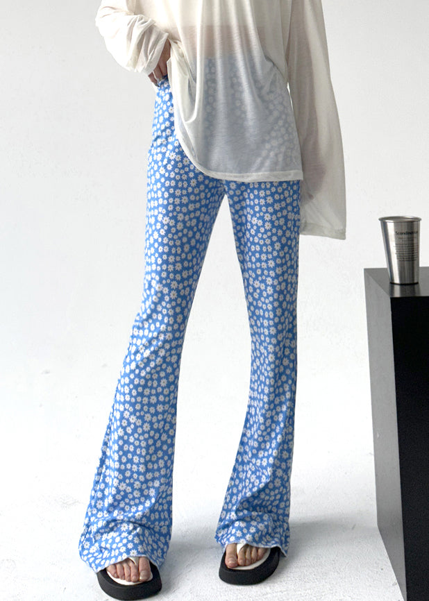 Slim Fit Blue Print Elastic Waist Cotton Flared Trousers Summer