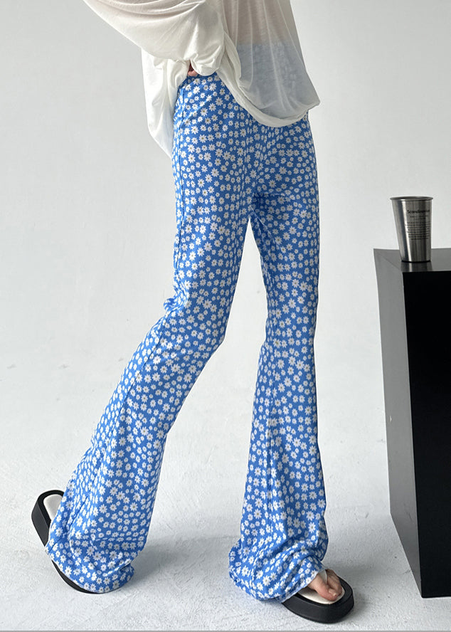 Slim Fit Blue Print Elastic Waist Cotton Flared Trousers Summer