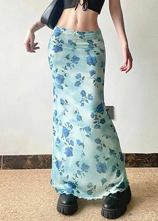 Slim Fit Blue Print High Waist Tulle Skirt Summer