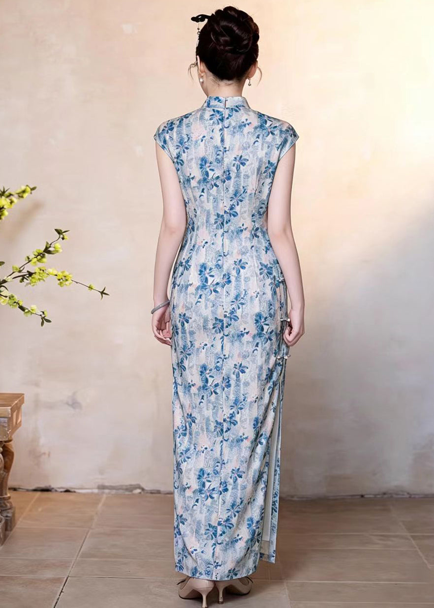 Slim Fit Blue Print Mandarin Collar Chinese Buttons Dresses Sleeveless