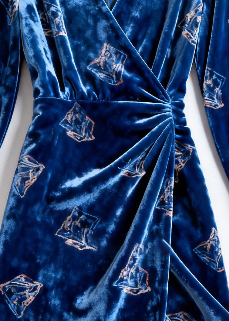 Slim Fit Blue Print Wrinkled Silk Velvet Dress Spring