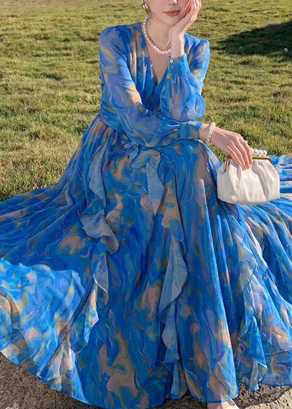 Slim Fit Blue Ruffled Chiffon Maxi Dresses Lantern Sleeve