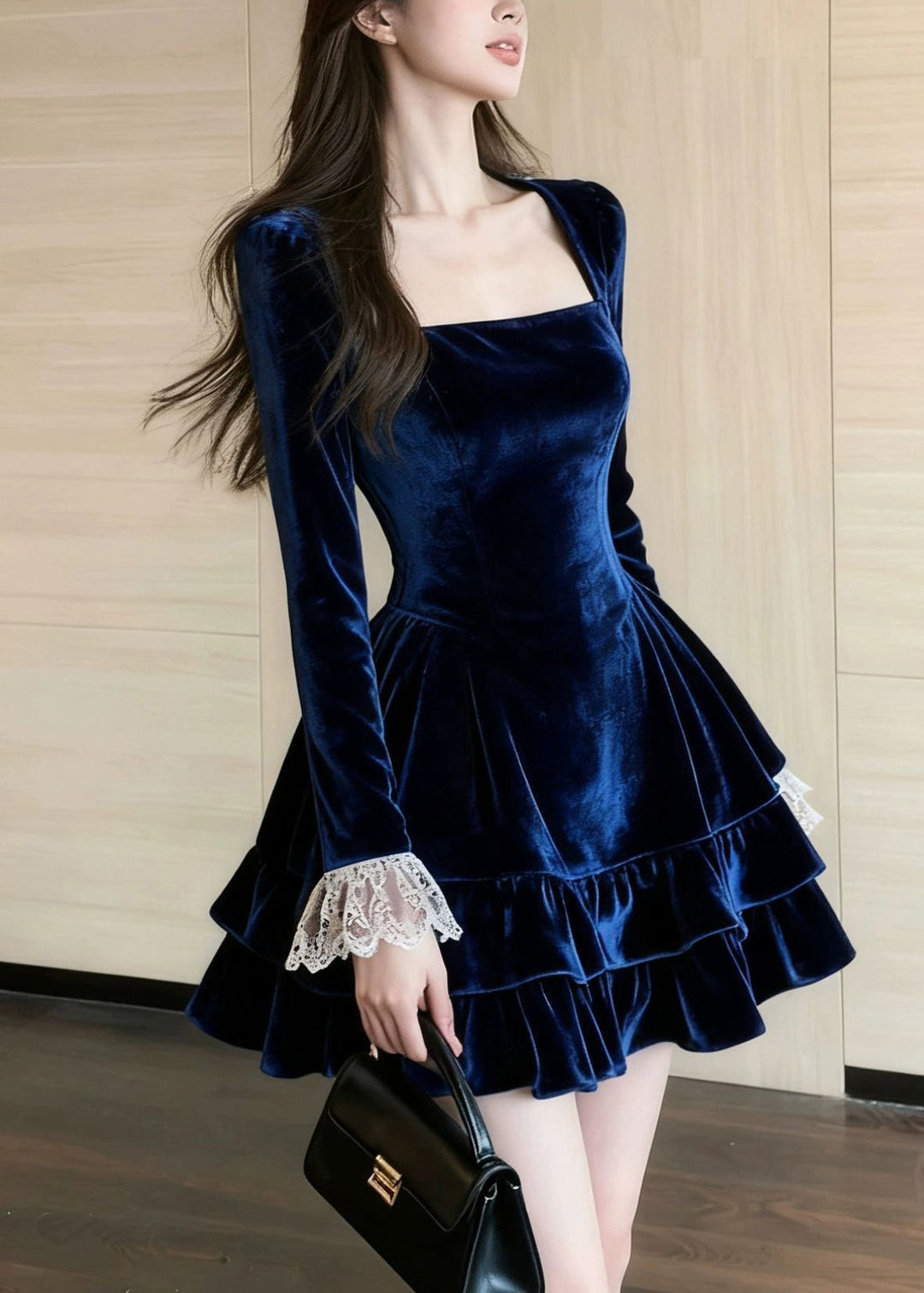 Slim Fit Blue Ruffled Lace Patchwork Silk Velvet Mini Dresses Spring