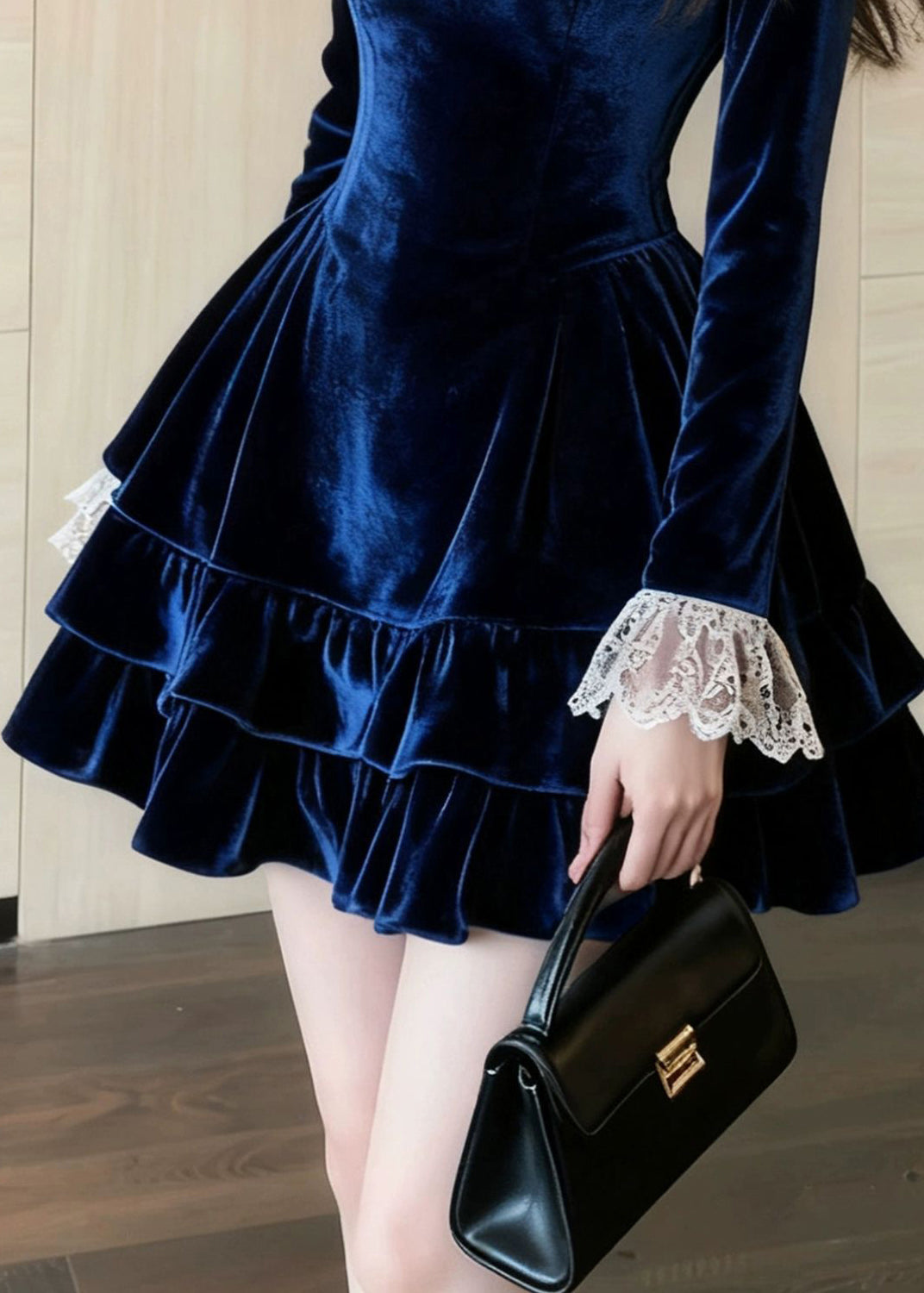 Slim Fit Blue Ruffled Lace Patchwork Silk Velvet Mini Dresses Spring