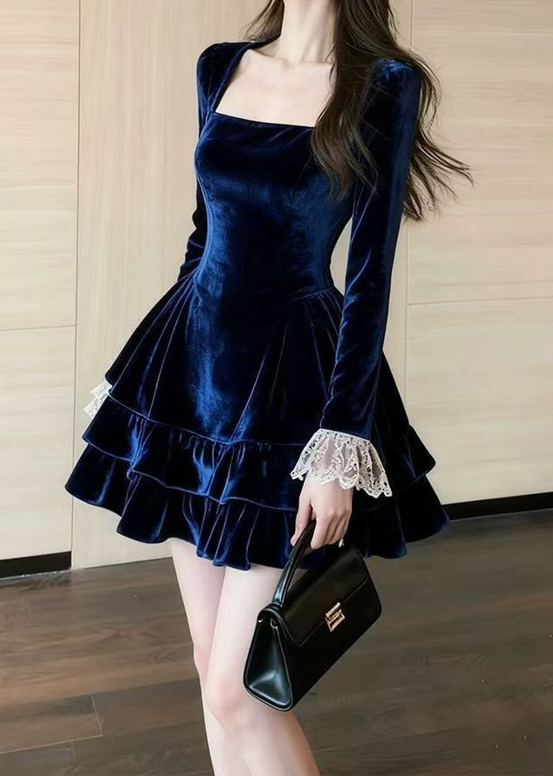 Slim Fit Blue Ruffled Lace Patchwork Silk Velvet Mini Dresses Spring