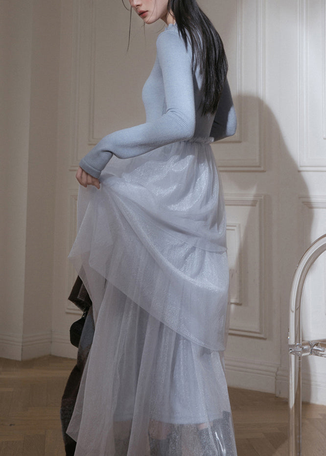 Slim Fit Blue Ruffled Up Tulle Patchwork Knit Long Dresses Fall
