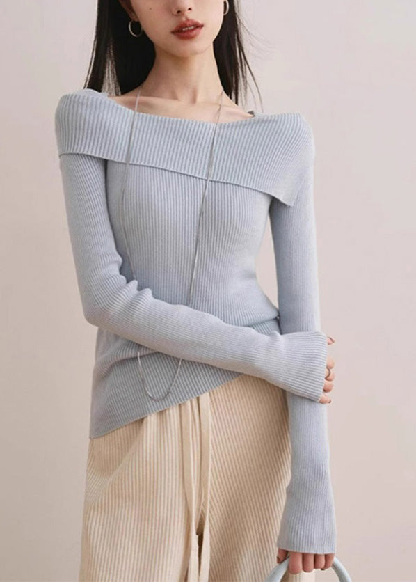 Slim Fit Blue Slash Neck Cotton Knit Sweater Fall