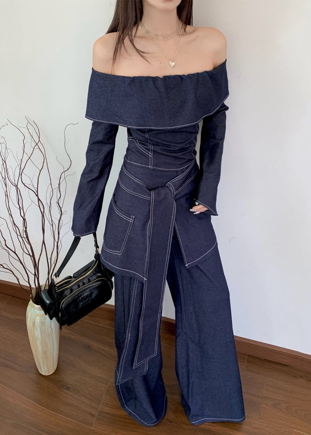 Slim Fit Blue Slash Neck Tie Waist Denim Three Pieces Set Fall