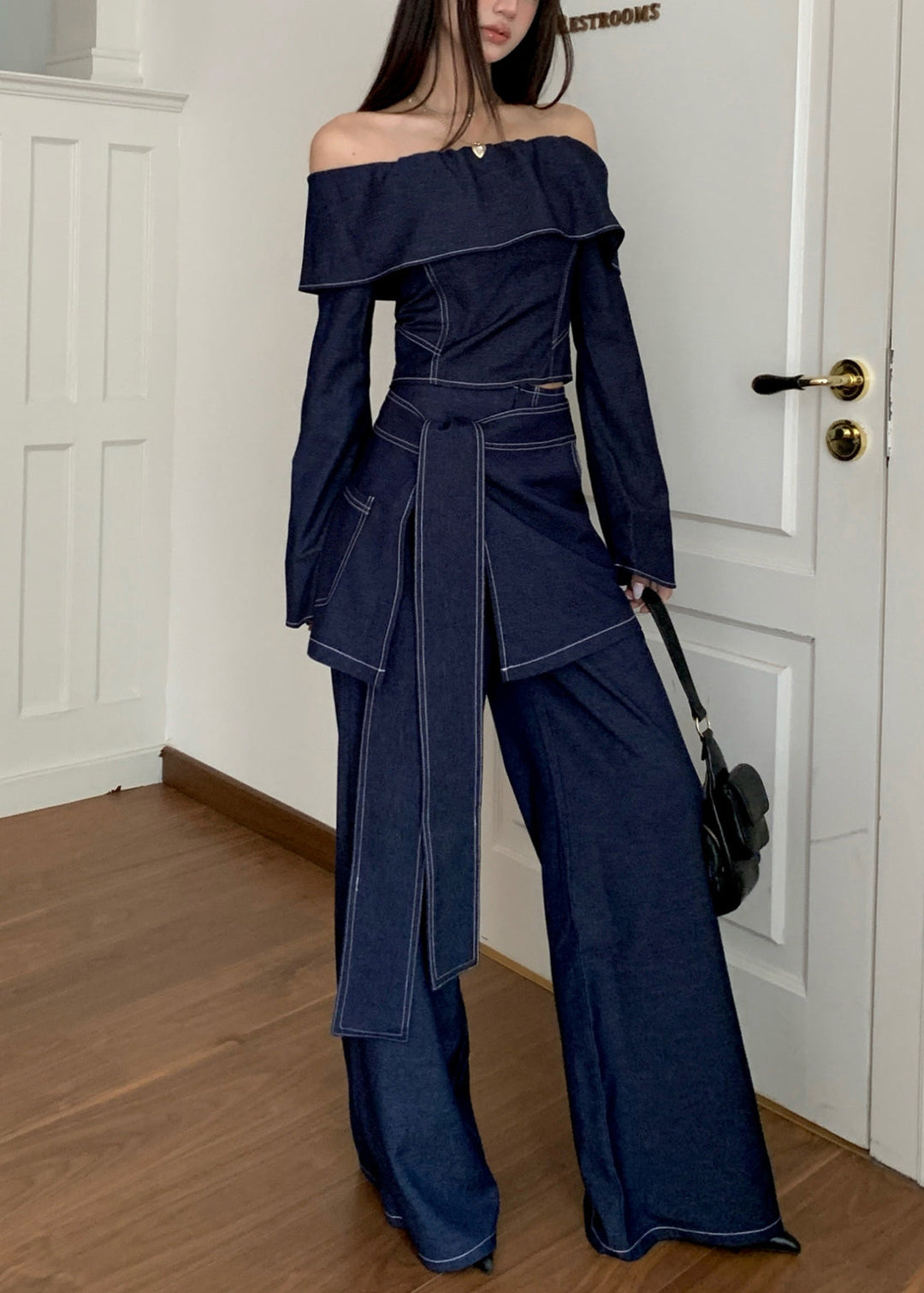 Slim Fit Blue Slash Neck Tie Waist Denim Three Pieces Set Fall
