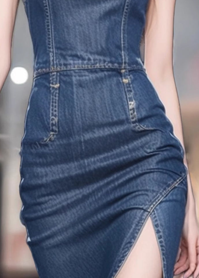 Slim Fit Blue Stand Collar Front Open Denim Dresses Sleeveless