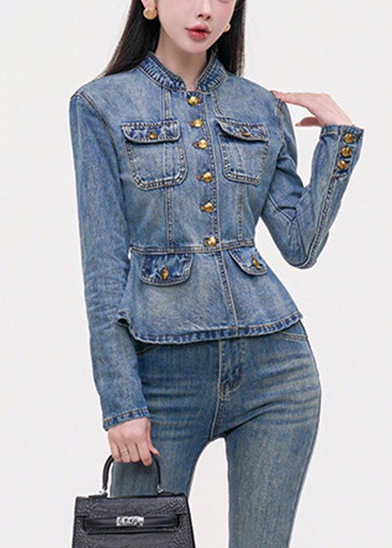 Slim Fit Blue Stand Collar Pockets Patchwork Denim Coats Spring