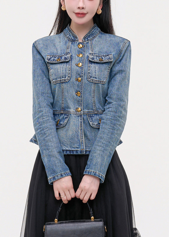 Slim Fit Blue Stand Collar Pockets Patchwork Denim Coats Fall